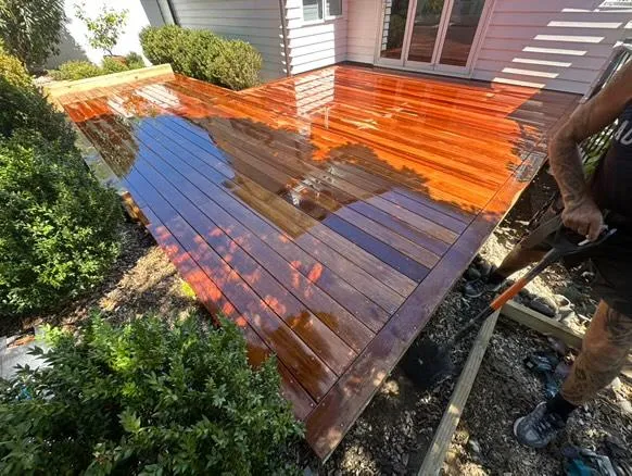 Freshly oiled hardwood deck, Auckland