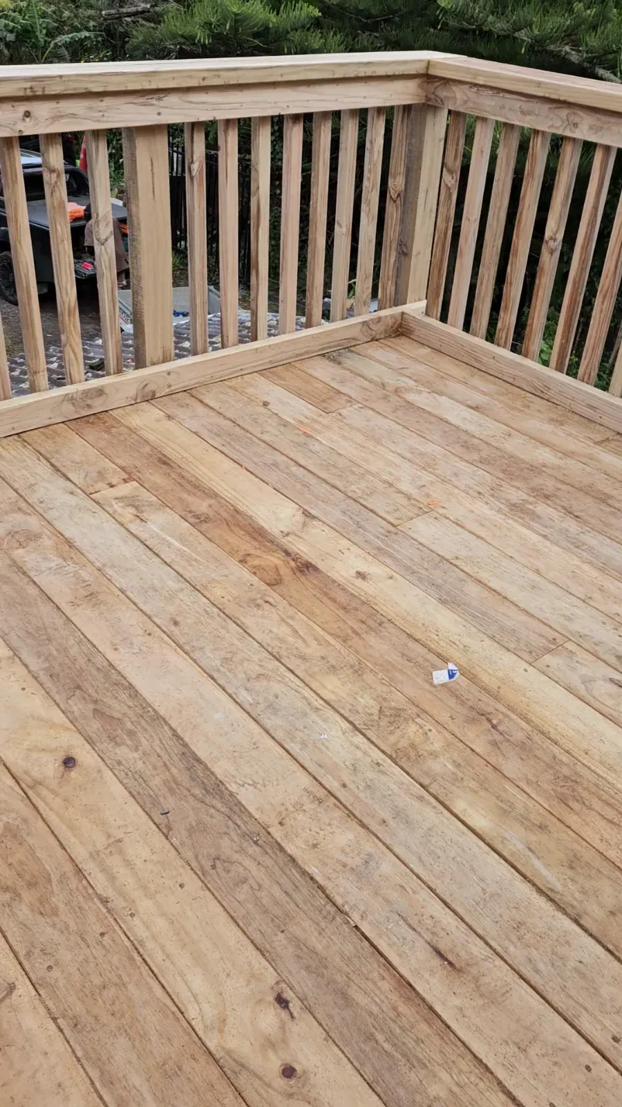 Close-up of pine deck boards and balustrade, Auckland